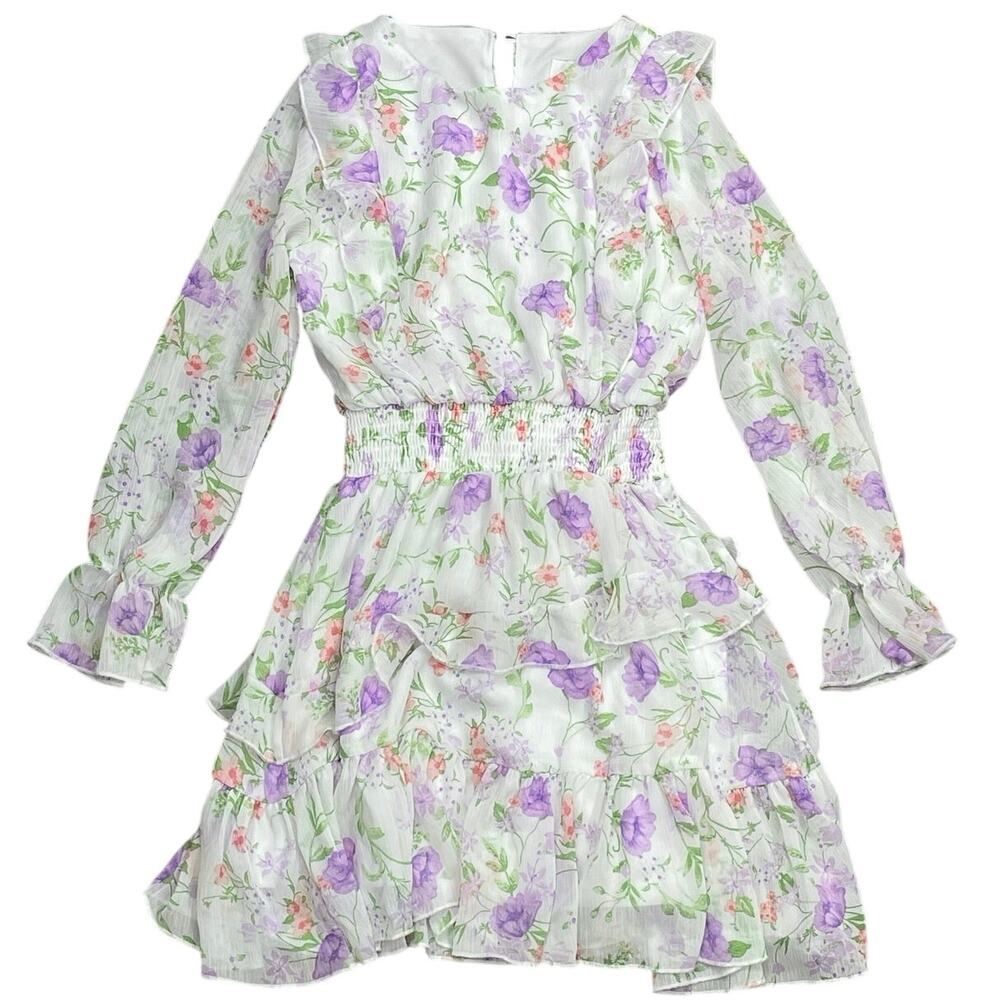 Rare Editions Big Girl's Floral Smocked Ruffle Long Sleeve Midi Flare Dress 12